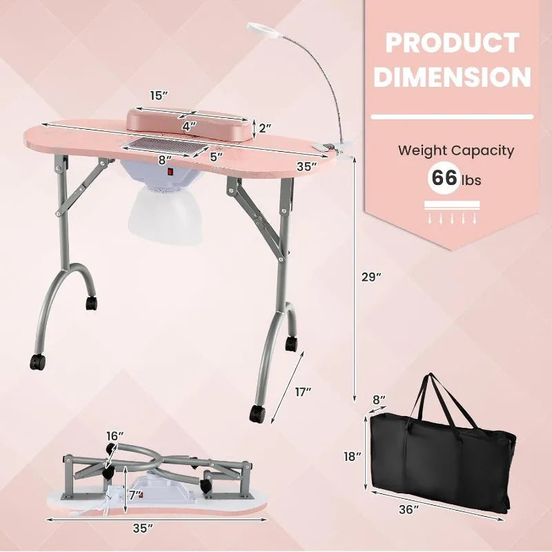 Portable Nail Table, Foldable Nail Technician Desk w/Electric Dust Collector, Bendable LED Lamp