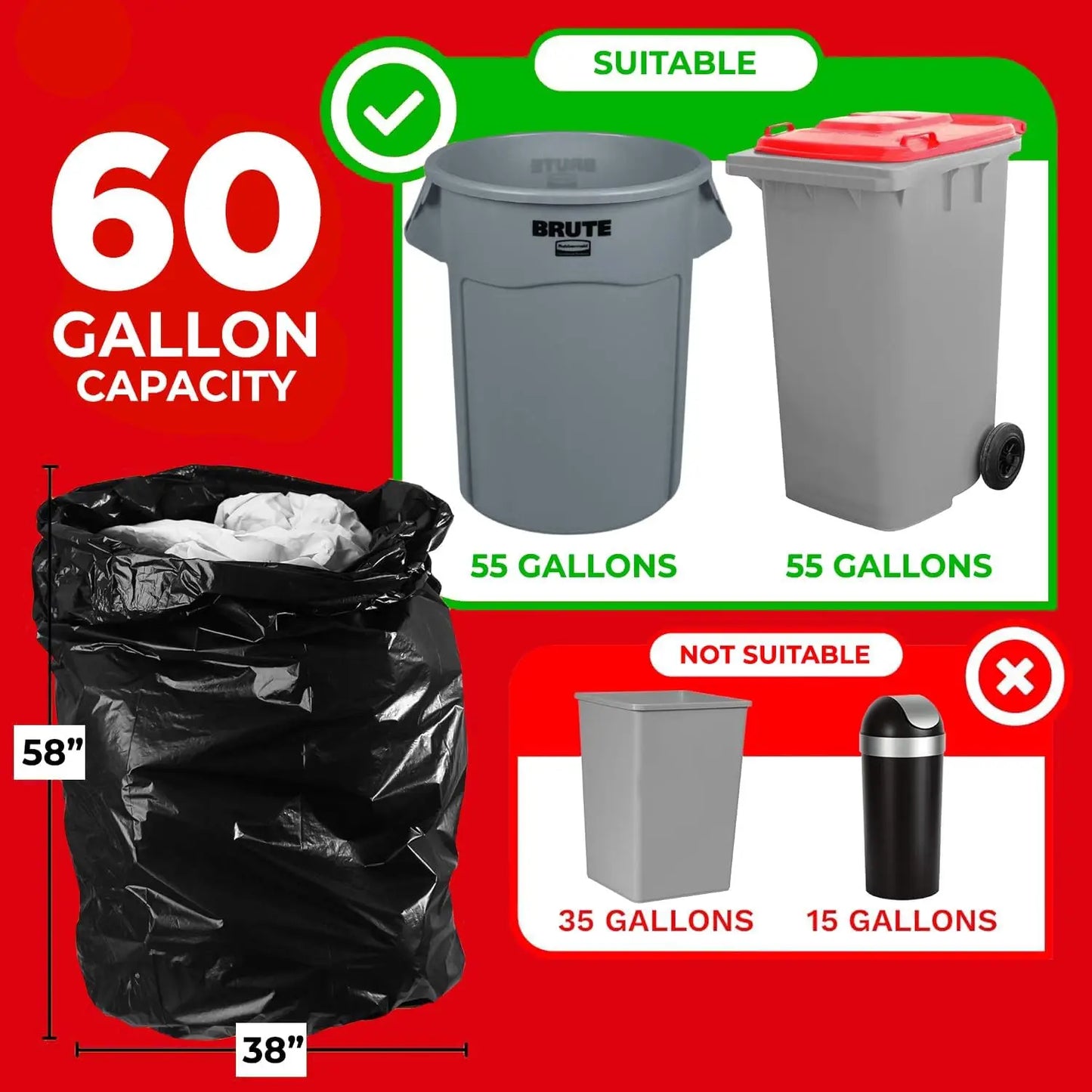 55 Gallon Trash Bags, 3 Mil Contractor Bags, Large 55-60 Gallon Trash Can Liners,