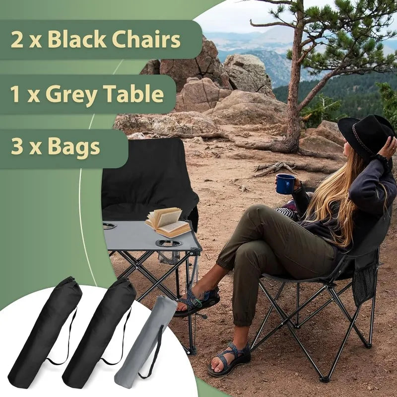 Camping Chairs Set, Adult, 2 Black Folding Moon Chair & 1 Lightweight Camp Table W/CUP HOLDERS