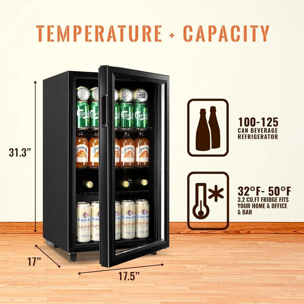 Mini Fridge Glass Door 120 Cans Beverage Refrigerator Small Wine Cooler Clear Front Drinks Fridge