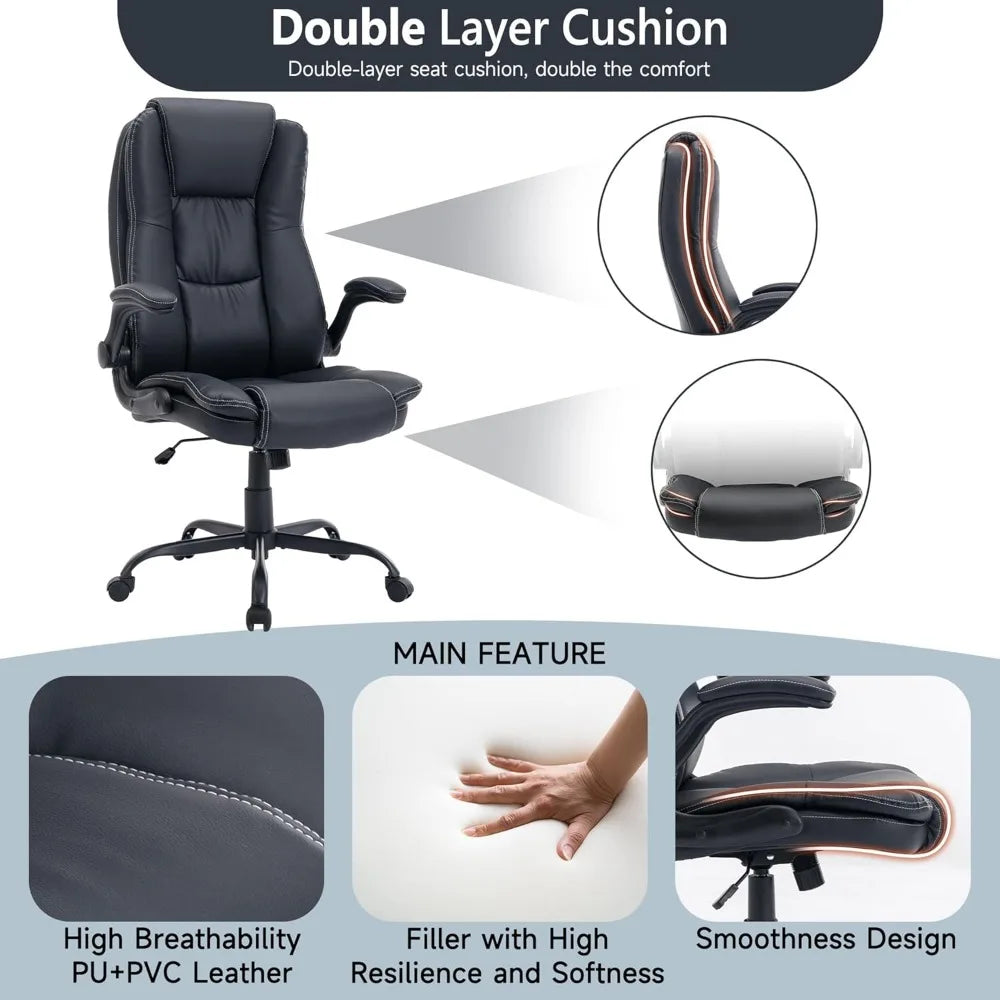 Leather Executive Office Chair, Ergonomic Home Office Desk Chair with Flip-up Arms and Back Support