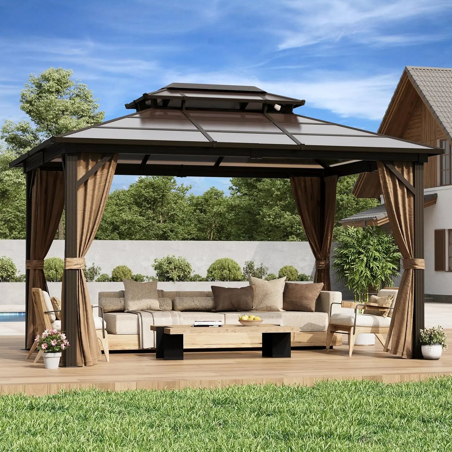 10'x13' Hardtop Gazebo, Outdoor Polycarbonate Double Roof Canopy, Aluminum Frame Permanent Pavilion