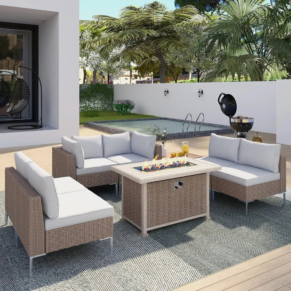 7 Pieces Outdoor Sectional Sofa PE Rattan Wicker Patio Conversation Set, w/Wood Plastic Composites