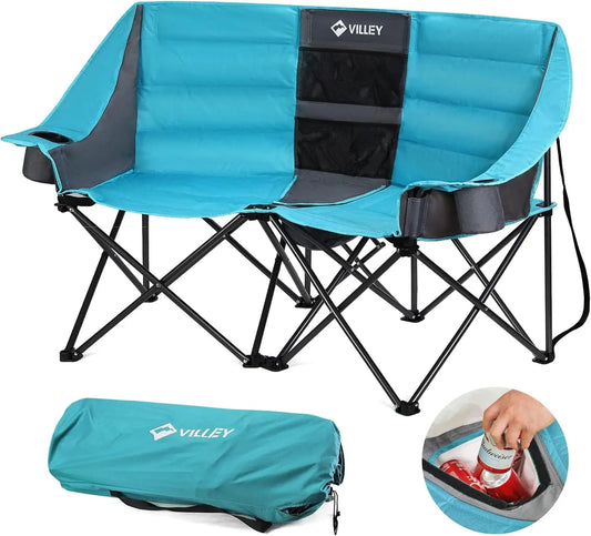 Villey Double Camping Chair w/Cooler Bag, Extra Wide Loveseat, Heavy Duty Padded Camping Couch