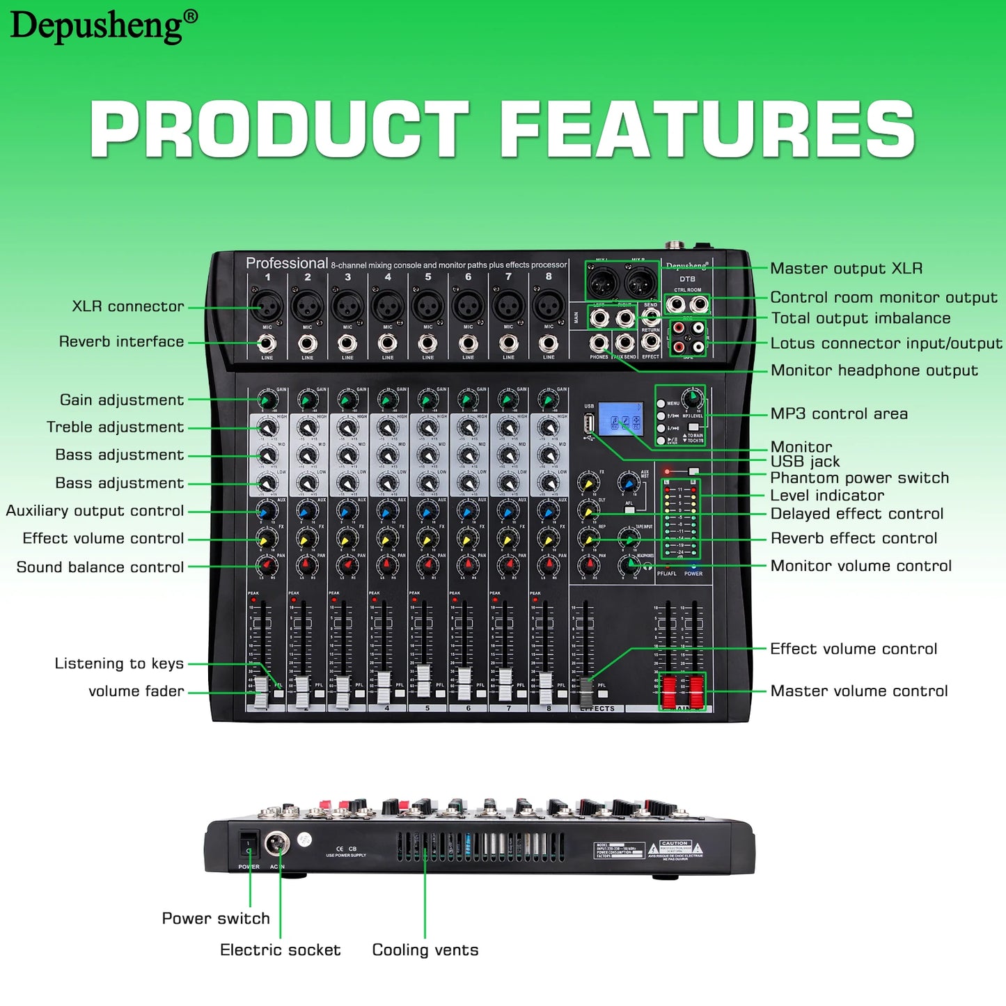 Audio Mixer 6/8/12 Channels Professional DJ mixer LR microphone/line input, AUX,FX processor MP3
