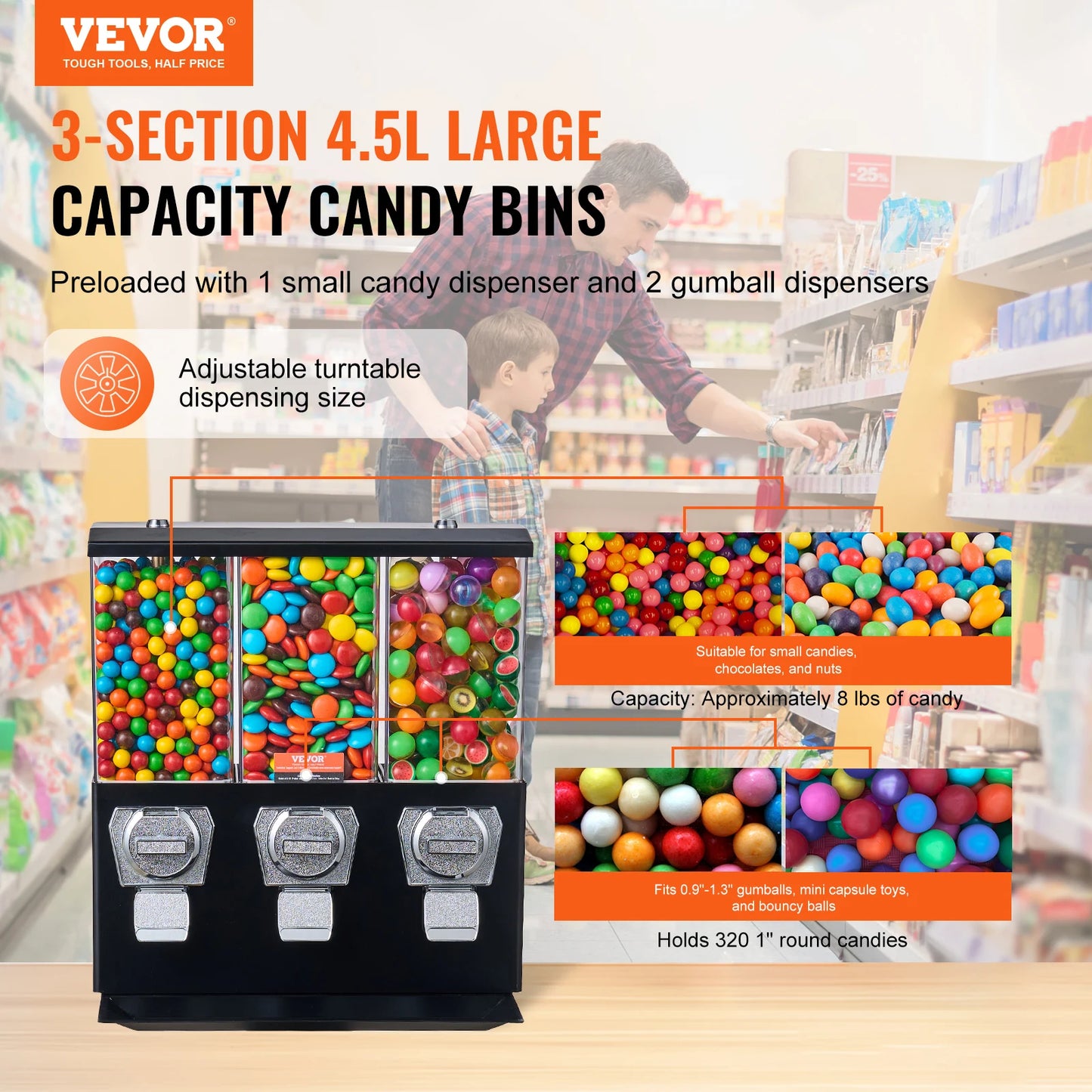 VEVOR Commercial Vending Machine Triple Compartment Candy Dispenser Gumball Bank  for Business