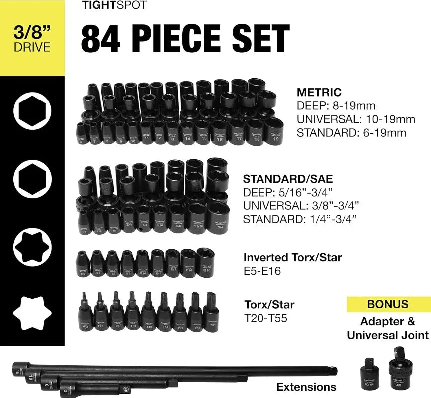 TIGHTSPOT 3/8" Drive 84pc Impact Socket MASTER SET, 1/4 Inch - 3/4 Inch, 6mm - 19mm, Torx