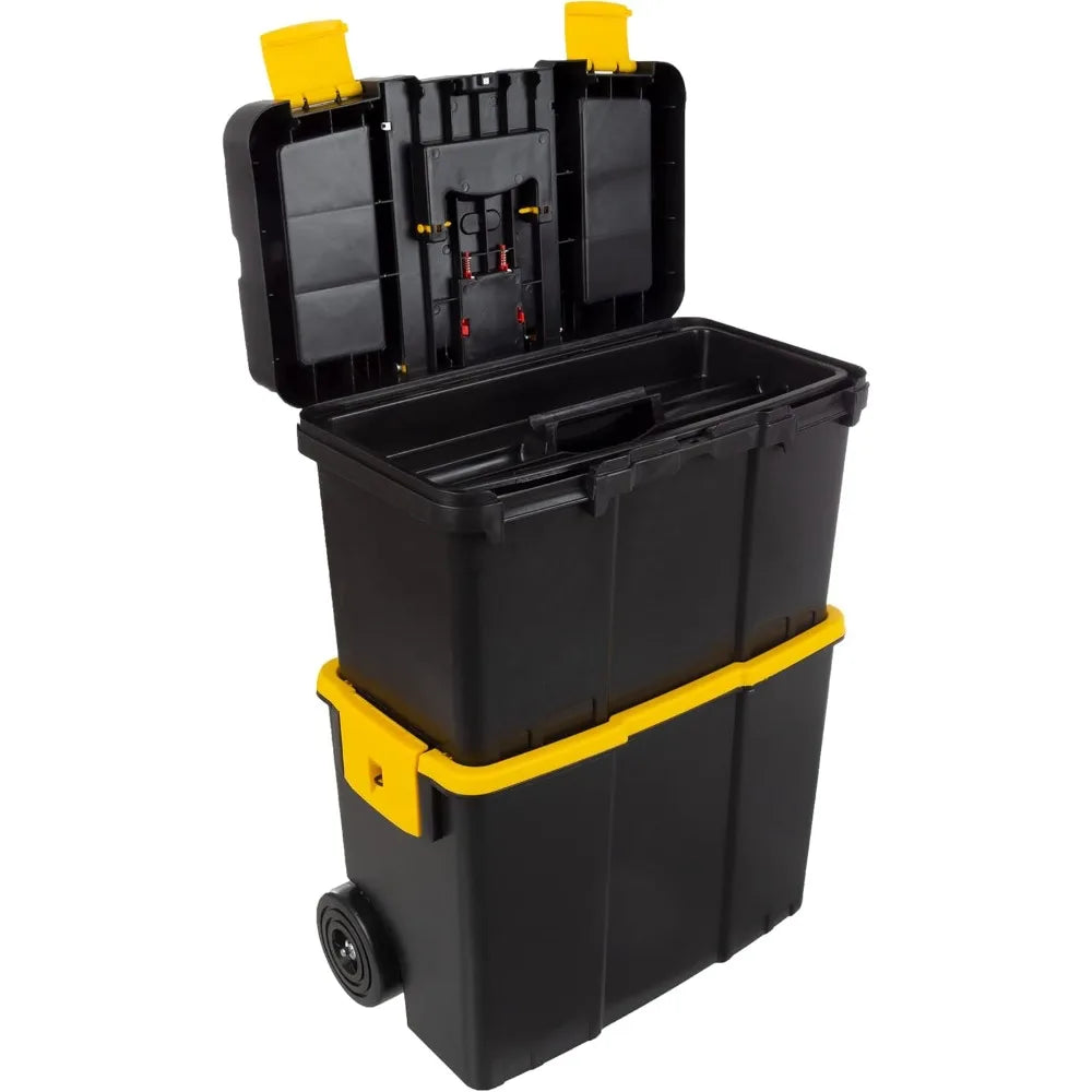 Portable Tool Box with Wheels - w/Fold-Down Comfort Handles, Removable Storage Trays, Black/Yellow