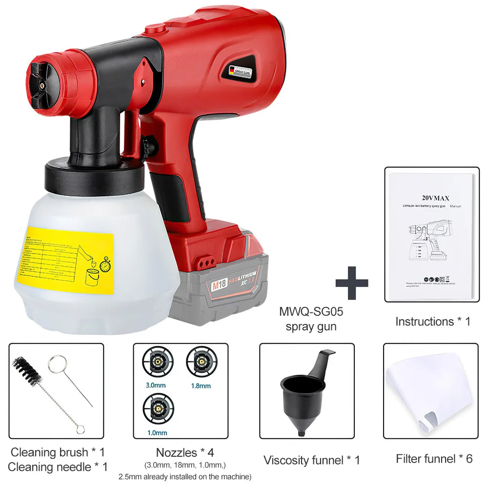 1000ML Cordless Electric Spray Gun Paint Sprayer Auto Airbrush Power Tool/Milwaukee 18V-20V Battery