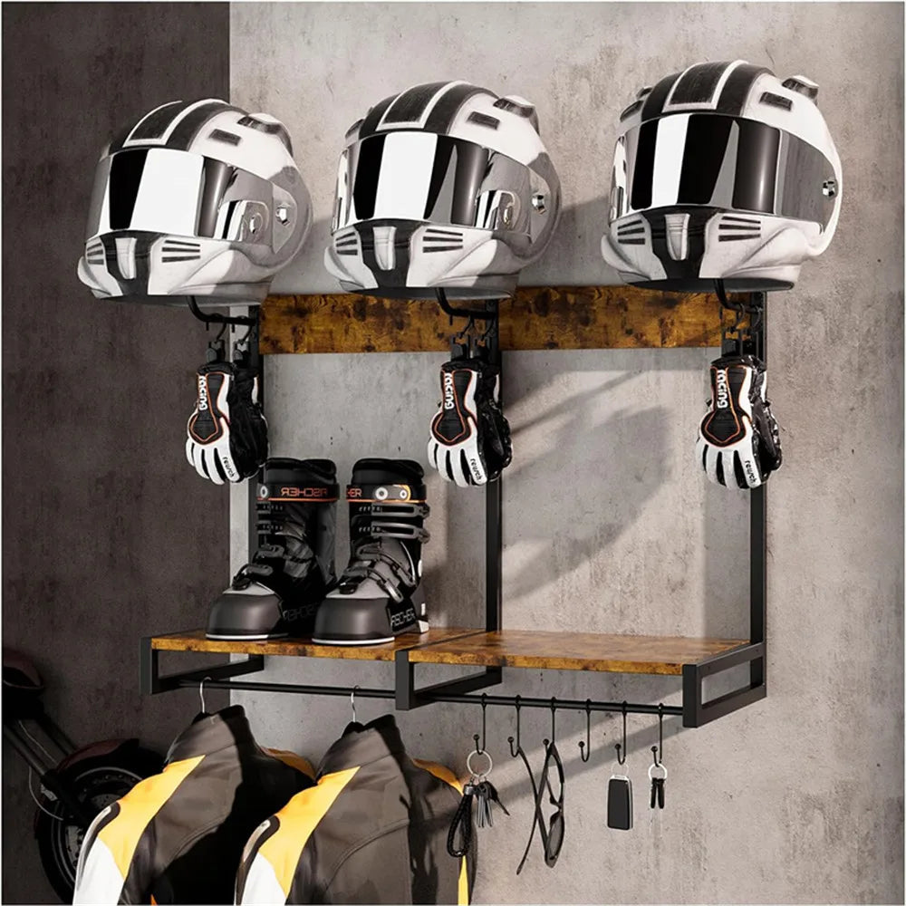 Motorcycle Helmet Holder, Wall-Mounted Rack W/4 Glove Chips & Hooks, Bike Helmets Storage Organizer