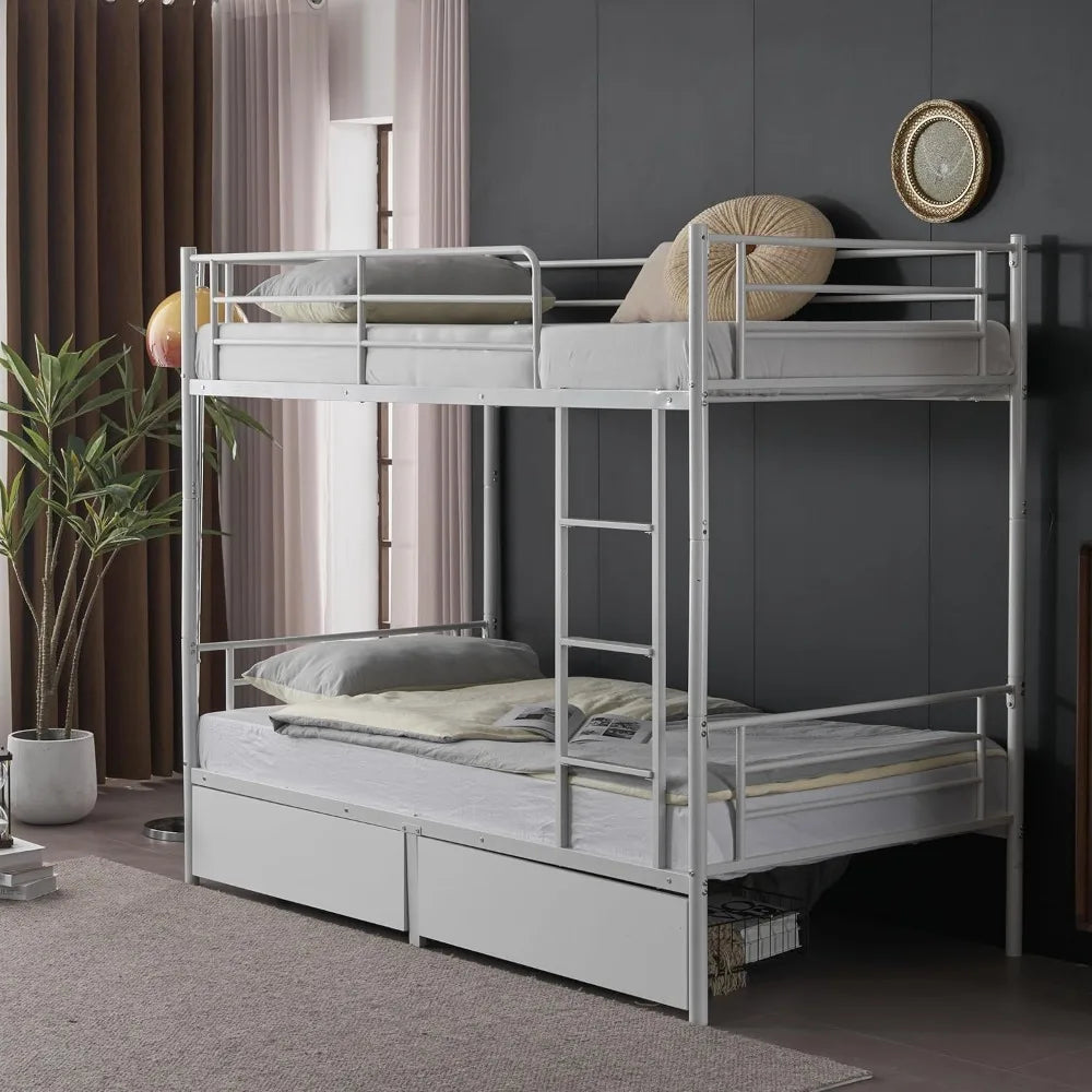 White Bunk Bed Twin Over Twin with 2 Storage Drawers, Metal Bunk Bed with Built-in Ladder