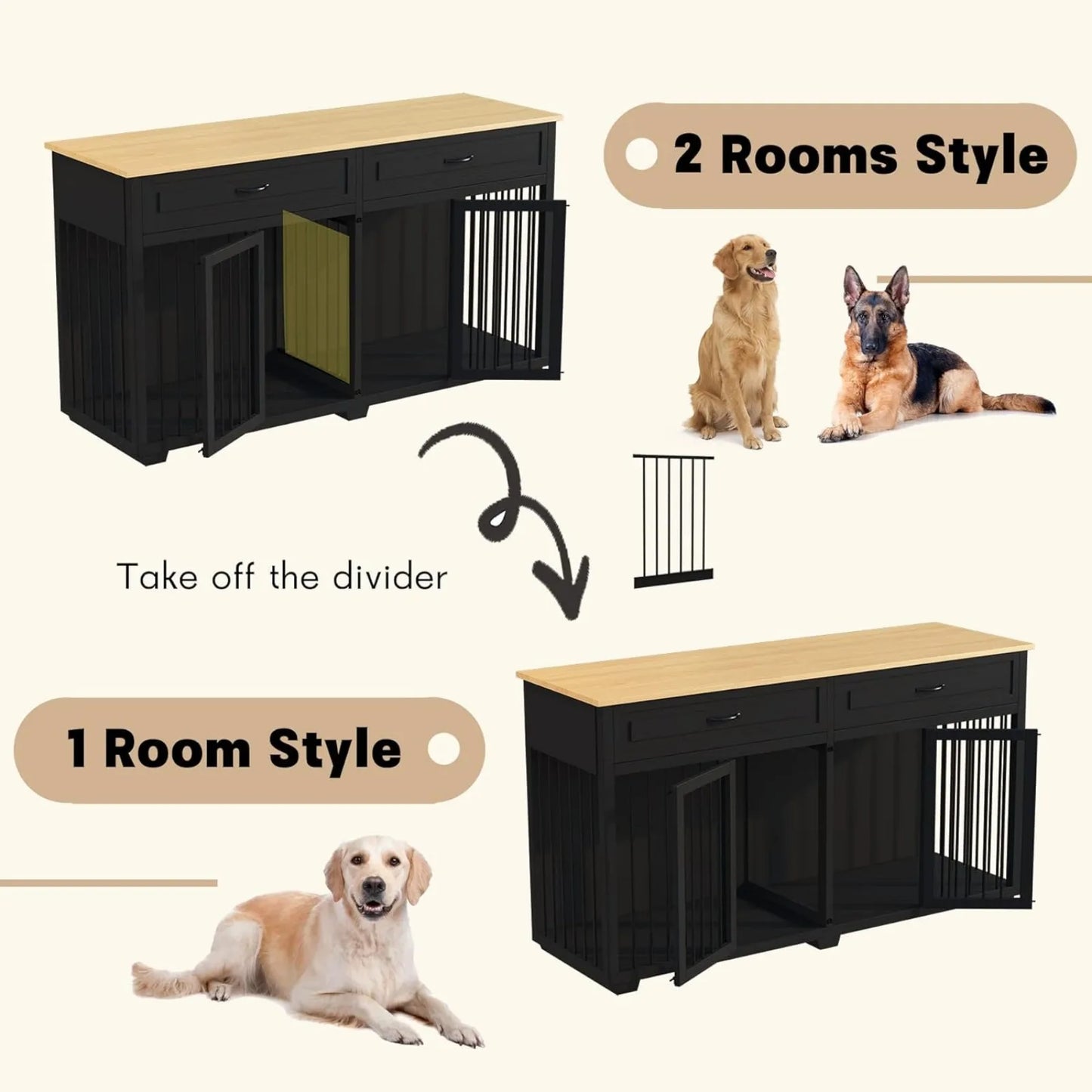 Large Dog Crate Furniture, 72" Wooden with Drawers & Divider For Heavy Duty Indoor Use