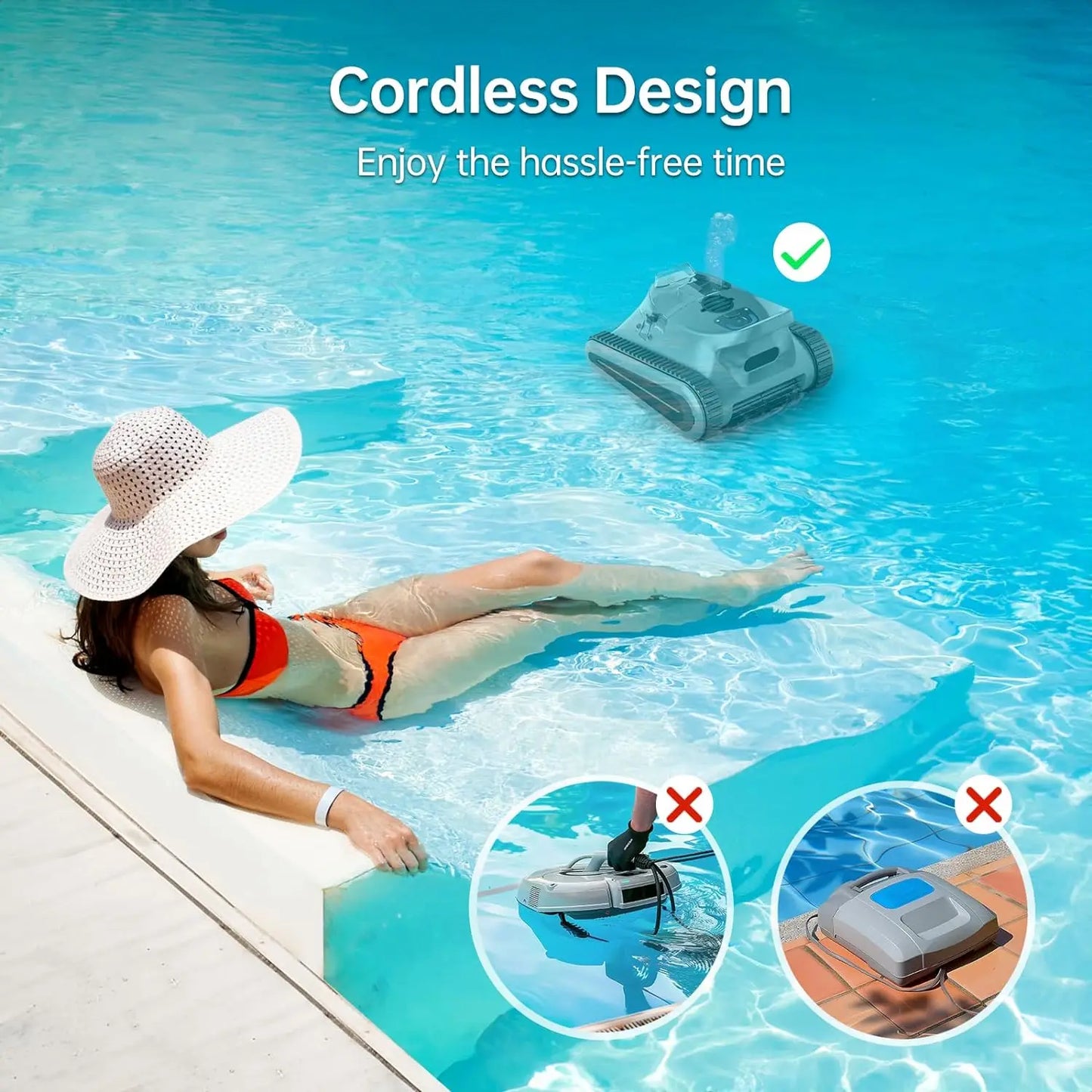 Cordless Robotic Pool Cleaner: Automatic Pool Vacuum Robot Lasts 150 Mins Wall Climbing 180W