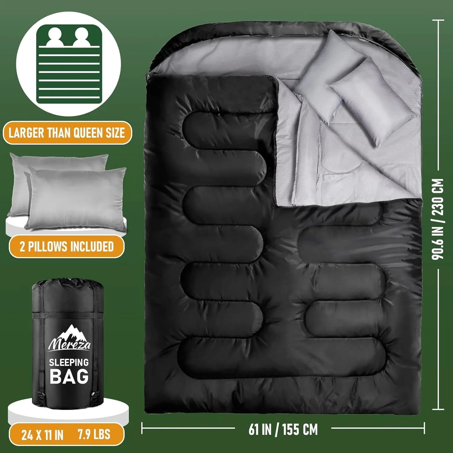 MEREZA Double Sleeping Bag for Adults Mens with Pillow, XL Queen Size Two Person Bag for All Seasons