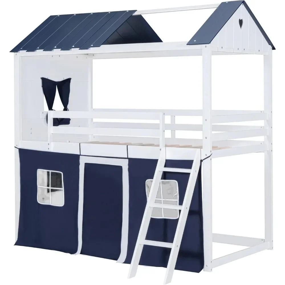 House Twin Loft Bunk Bed with Tent,Kids Twin Loft Bed with Ladders Guardrail  Windows & Roof Wood