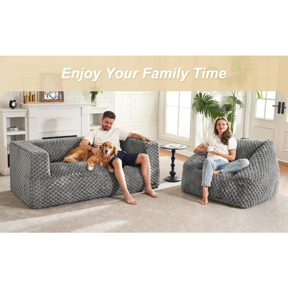 Bean Bag Sofa Chair Bean Bag Couch for Adults, Two-seat Bean Bag Chair with Armrests & Fluffy Cover