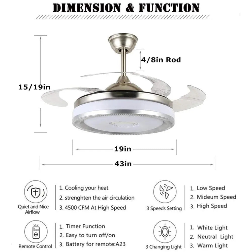 Smart Ceiling Fan/Light, Bluetooth Speaker Chandelier/ Retractable Blades Fandeliers w/Remote