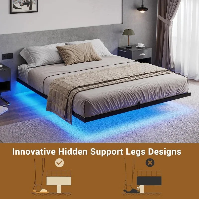 Floating Bed Frame with LED Lights, Metal Platform Full Bed, No Box Spring Needed