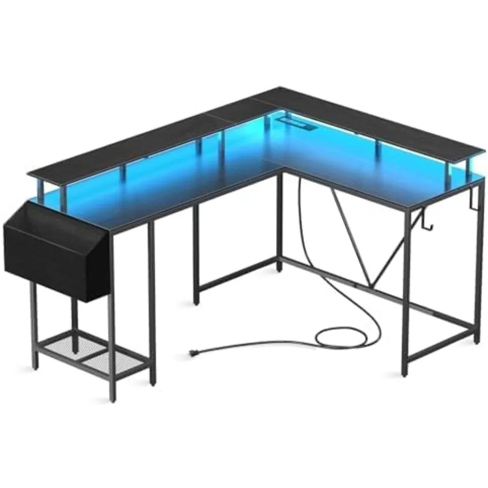 L Shaped Gaming Desk w/Power Outlets & LED Lights, Computer Desk w/Monitor Stand & Shelf