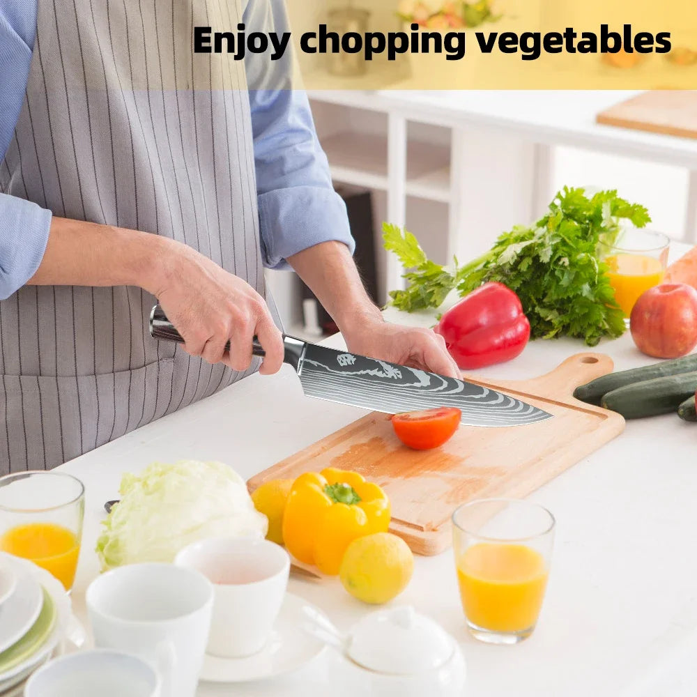 MDHAND 8/10pcs Kitchen Knives Set Laser Damascus Pattern Chef Knife High Carbon Stainless Steel