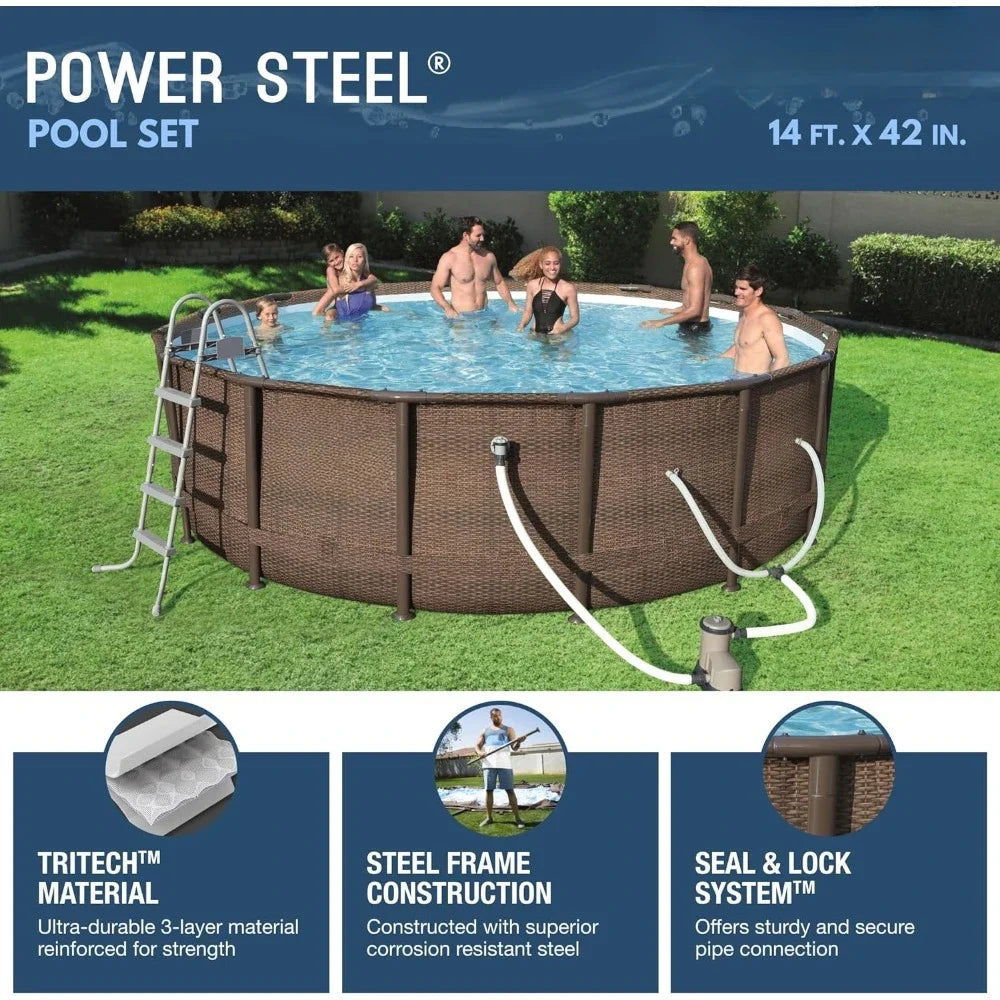 Power Steel 14’ x 42” Round Above Ground Swimming Pool Set/1,000 GPH Filter Pump, Ladder/Cover