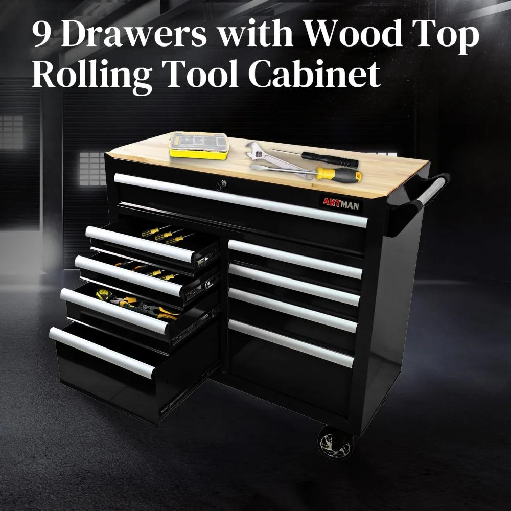 Heavy Duty Rolling Chest with 9-Drawer Wood Top Tool Cart Mechanic Tool Box with Wheels Tool Storage