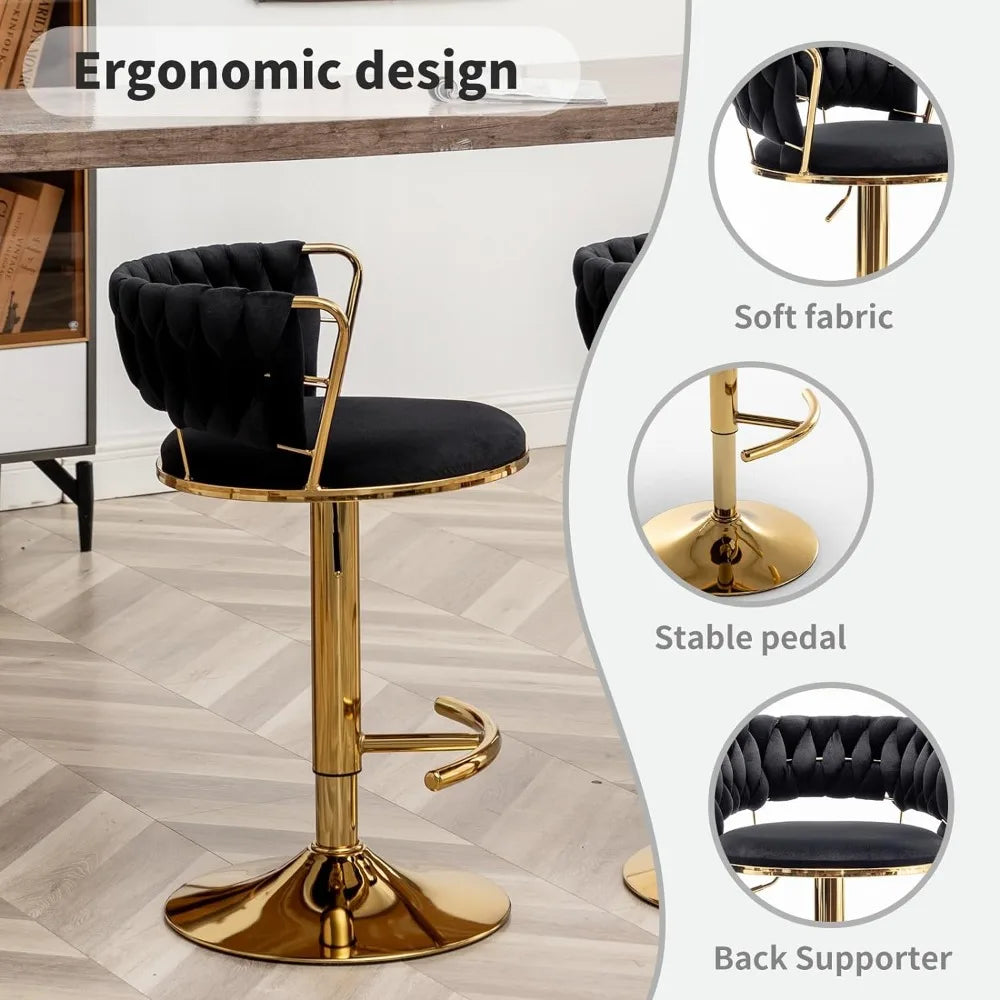 Gold Bar 4 Stools, Counter Height Bar Stools w/Low Back, Velvet Adjustable Height Barstool 360°