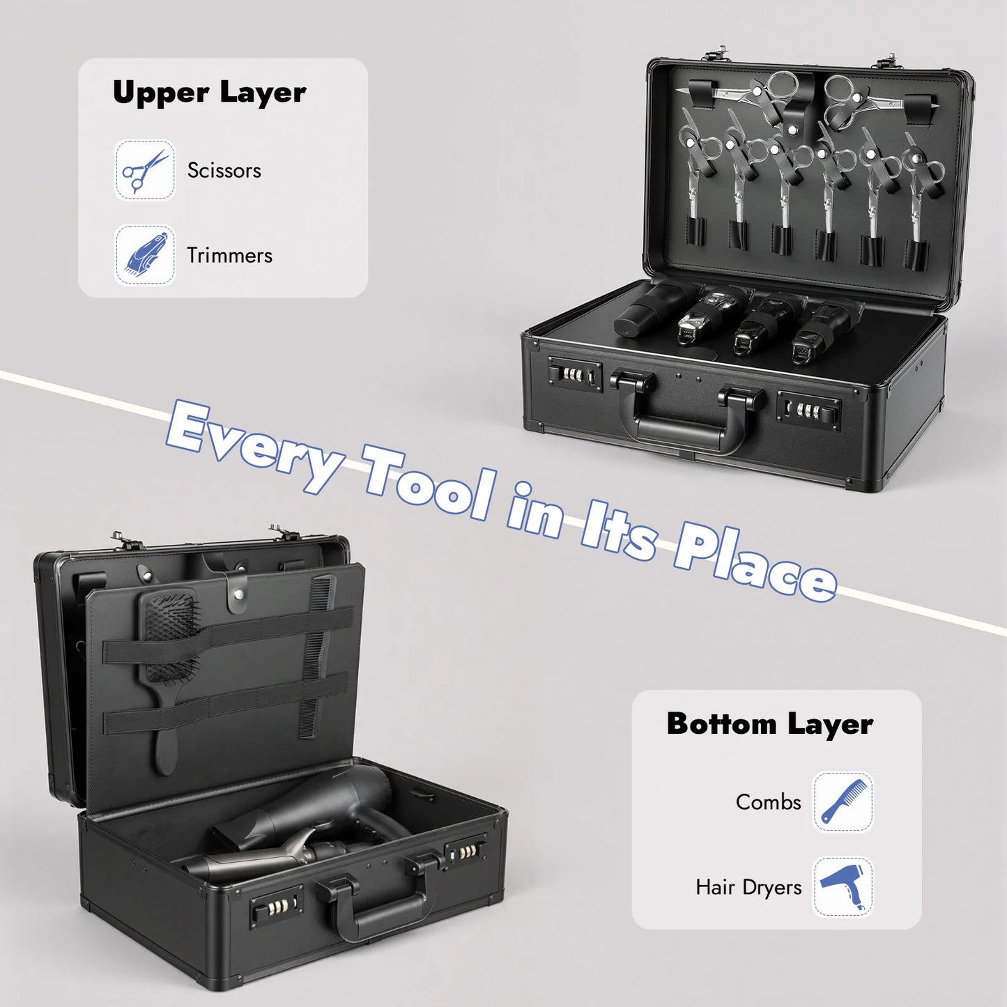 Aluminum Alloy Barber Tool Box Multi Compartment Storage Case Portable Hairstylist Scissor Clipper Comb Hair Dryer Organizer Case