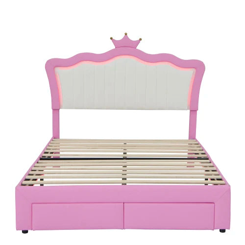 Full size padded bed frame with LED lights, princess bed/crown headboard, 2 drawers, pink+white