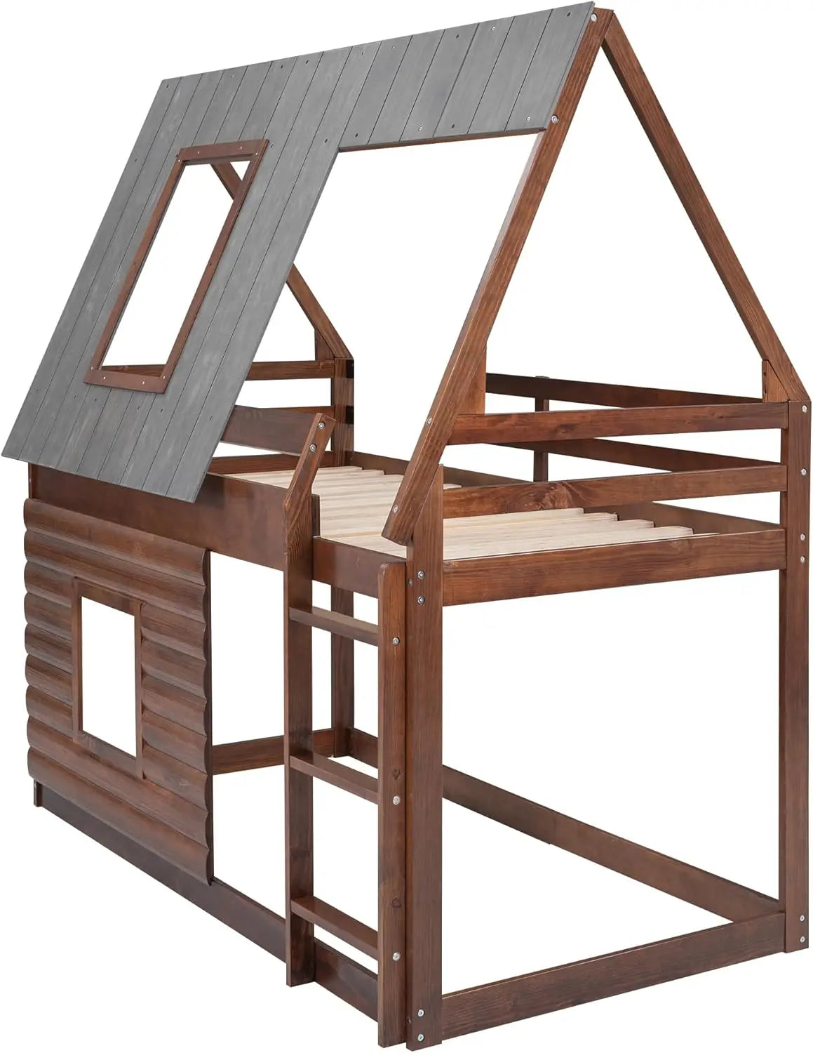 Twin Over Twin Bunk Bed Wood Frame House Shaped with Roof,Ladder and 2 Windows