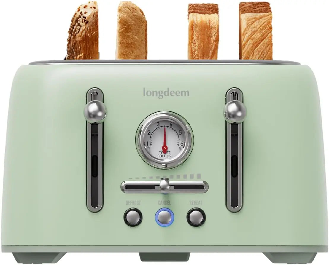 Retro 4-Slice Toaster 1.6" Wide Slots - 6 Settings Bagel Function, Stainless Steel, Defrost/Cancel