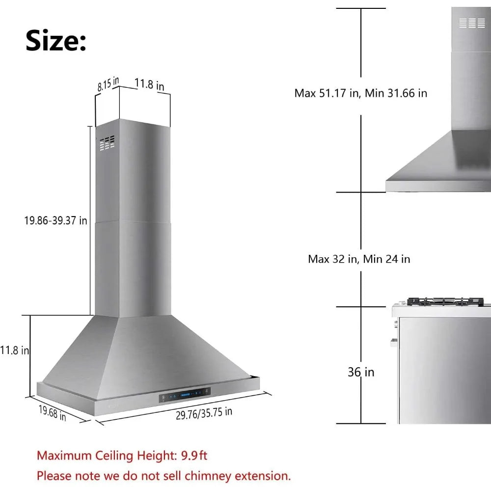 iKTCH 30-inch Wall Mount Range Hood 900CFM Ducted/Ductless Convertible Chimney Vent Stainless Steel