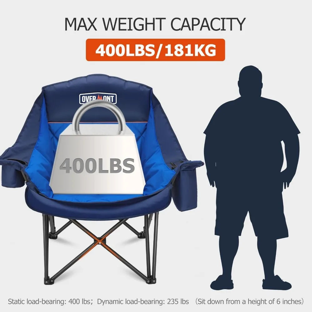 Oversized XL Camping Chair - 450lbs Support Heavy-Duty Padded Folding Chair w/Cup Holder Cooling Bag
