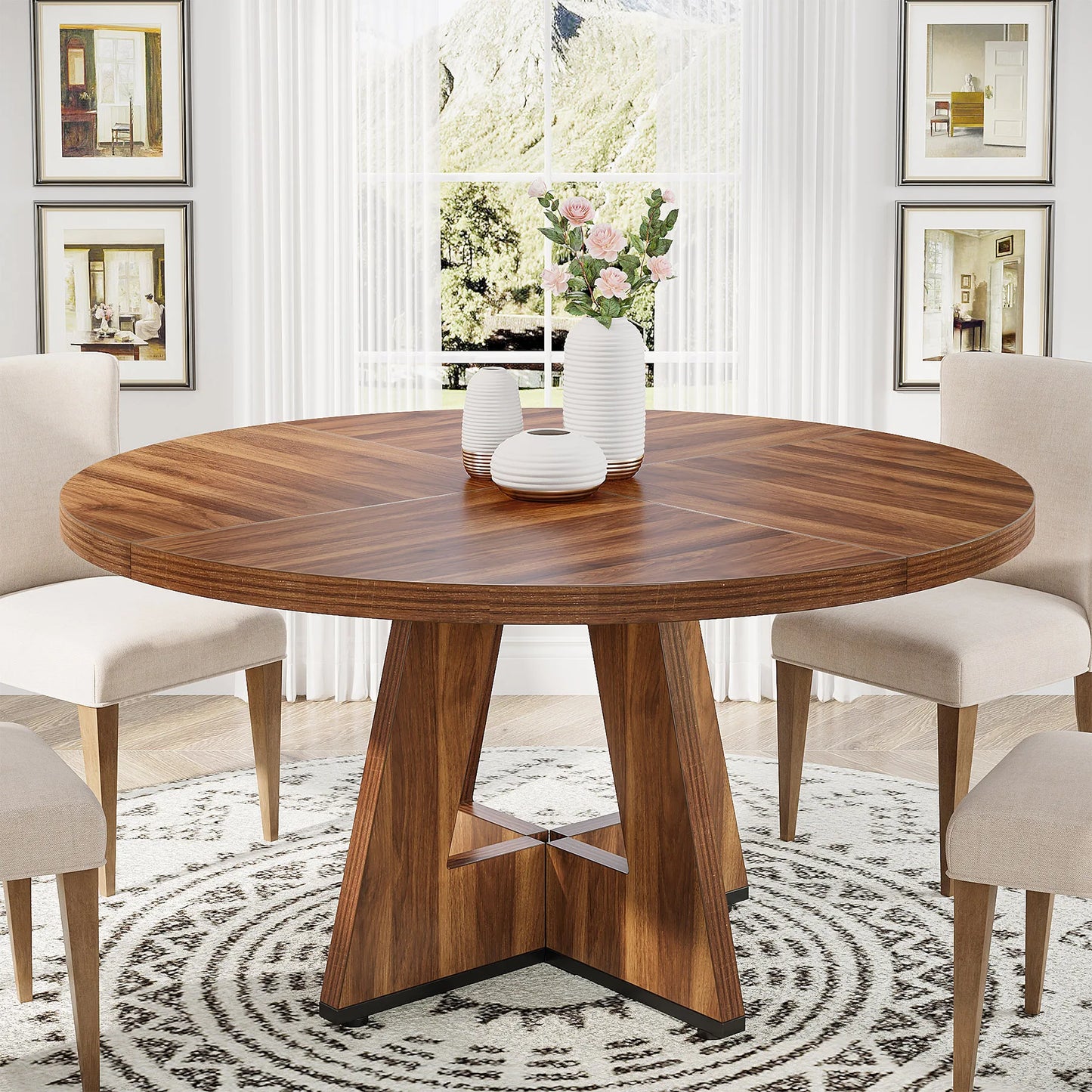 Tribesigns Round Dining Table for 4, 47 Inch Farmhouse Small Dinner Table Kitchen for Dining Room