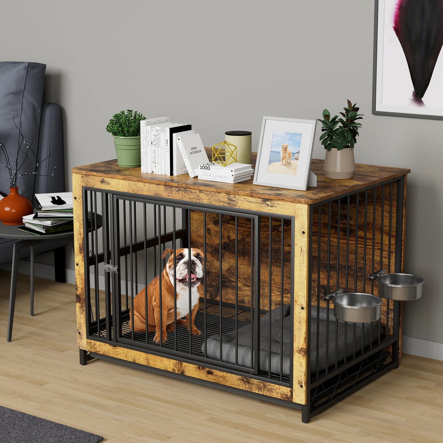 Furniture Style Dog Crate,Wooden Heavy Duty/ Raised Feeder/Dogs 2 Stainless Steel Bowls Brown/Gray