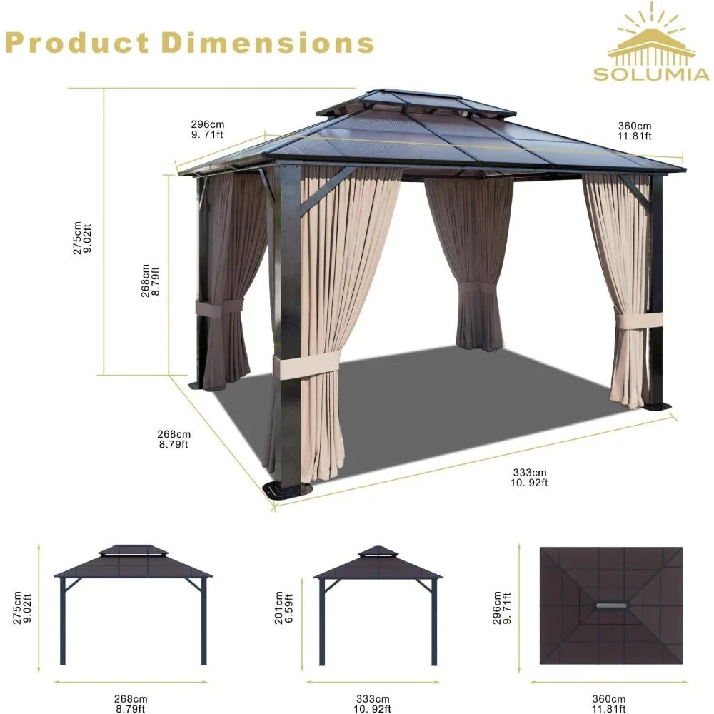 10’x12’ Hardtop Gazebo, Double Roof Patio Pergola with Polycarbonate Panels, Aluminum Frame