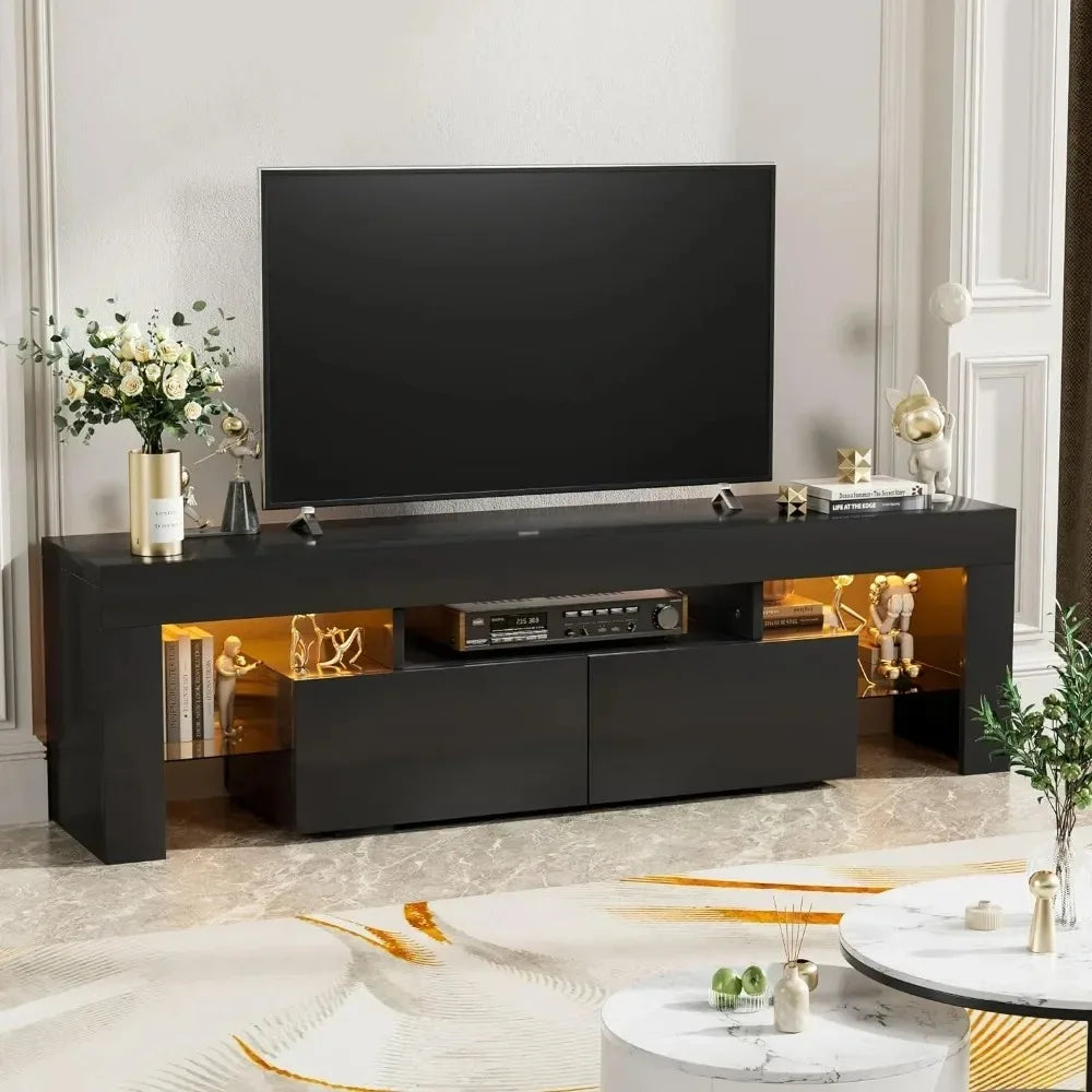 Modern LED TV Stand for Televisions up to 70 Inch w/Glass Shelves and Drawer, Gaming Entertainment