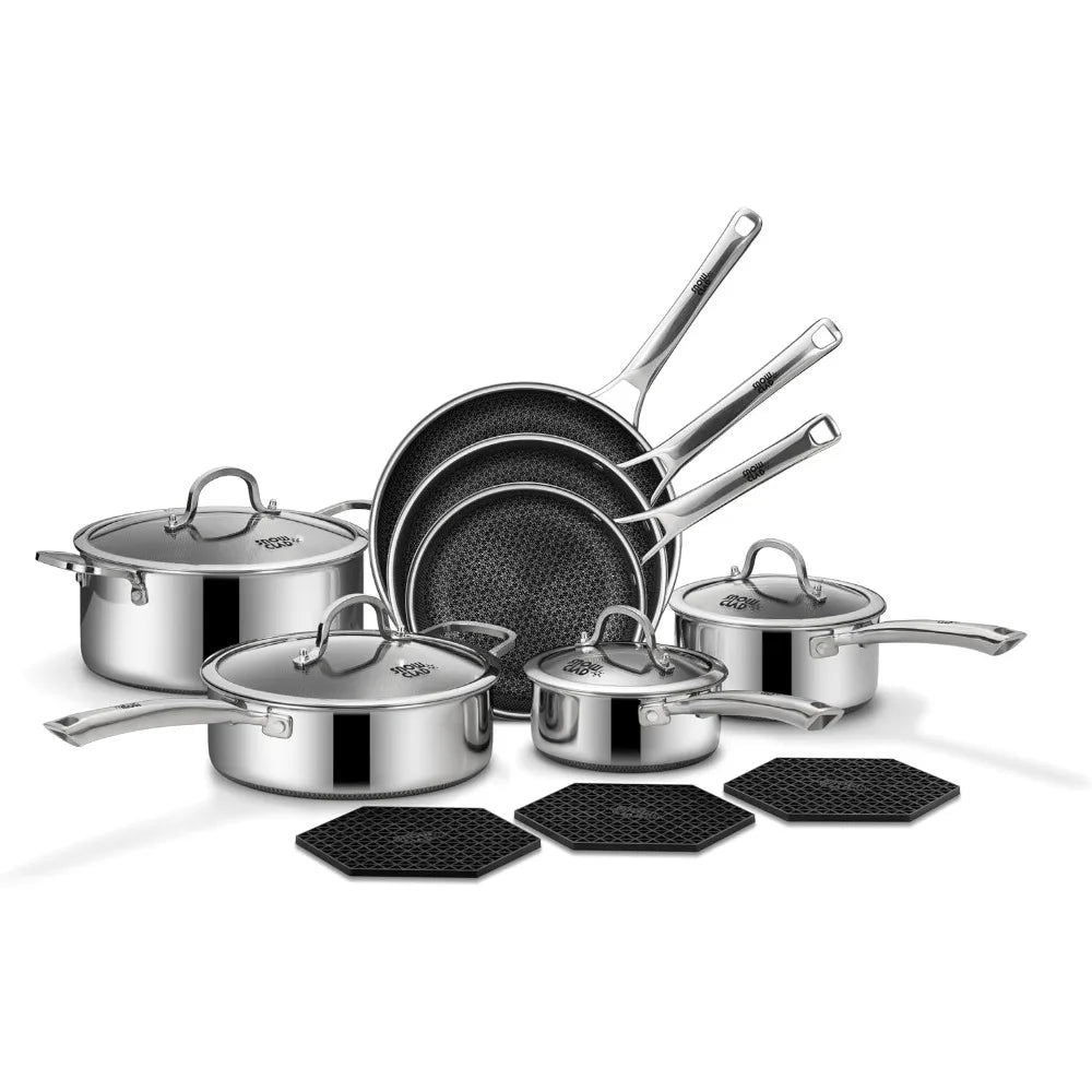 SNOWCLAD Pots and Pans Set Non Stick, 14 Pcs Hybrid Stainless Steel Cookware Frying Pans, Saucepans