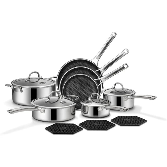 SNOWCLAD Pots and Pans Set Non Stick, 14 Pcs Hybrid Stainless Steel Cookware Frying Pans, Saucepans
