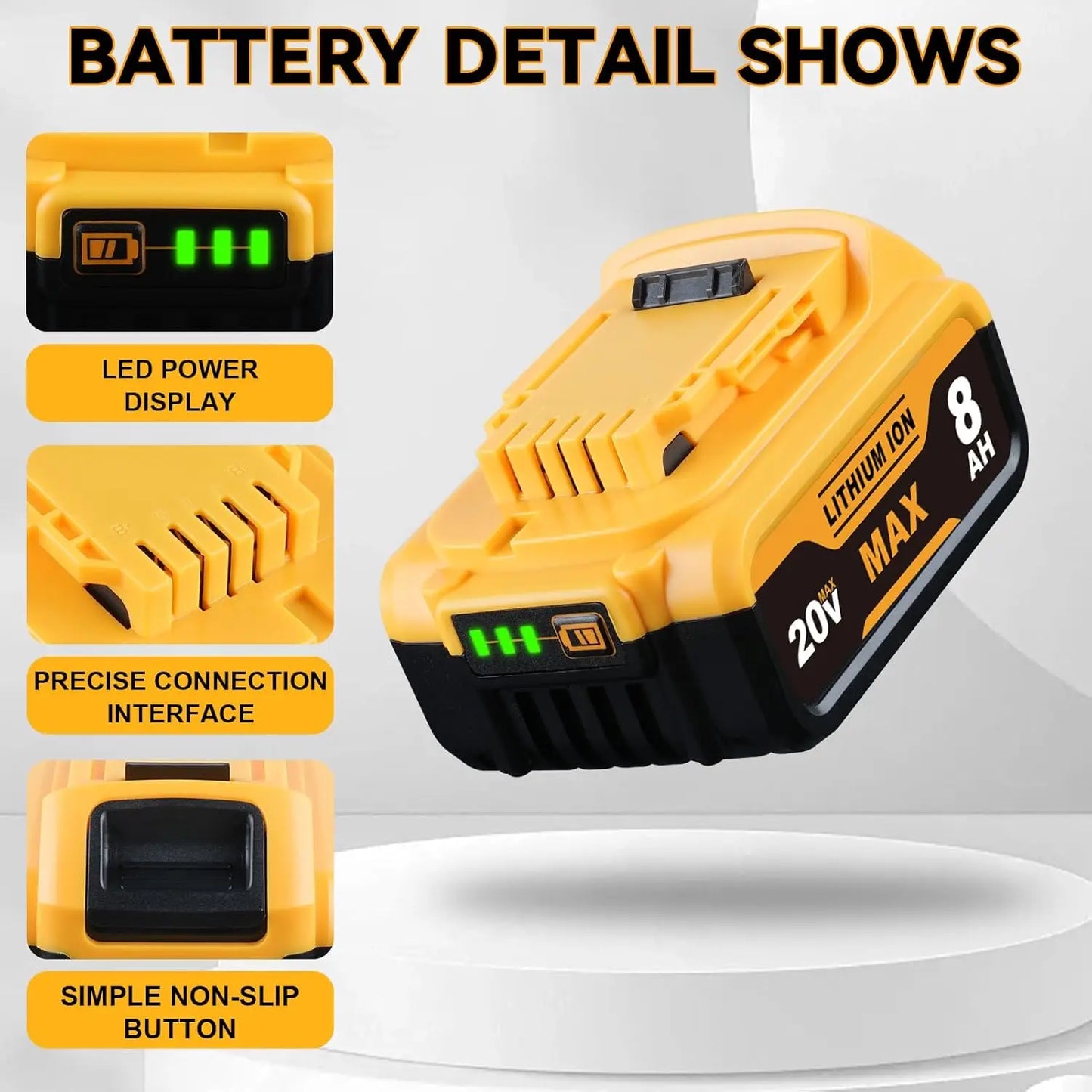 Vanon 1/2Pack DCB205 8.0Ah 20V Lithium Ion Battery 20V DCB201 DCB203 DC20 DCB206 DeWalt/20V Clone