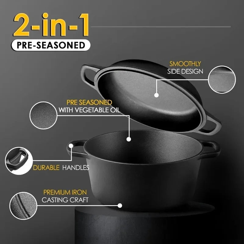 EDGING Dutch Oven Pot w/Skillet Lid Cooking Pan, Cast Iron Skillet Cookware Pan w/Dual Handles