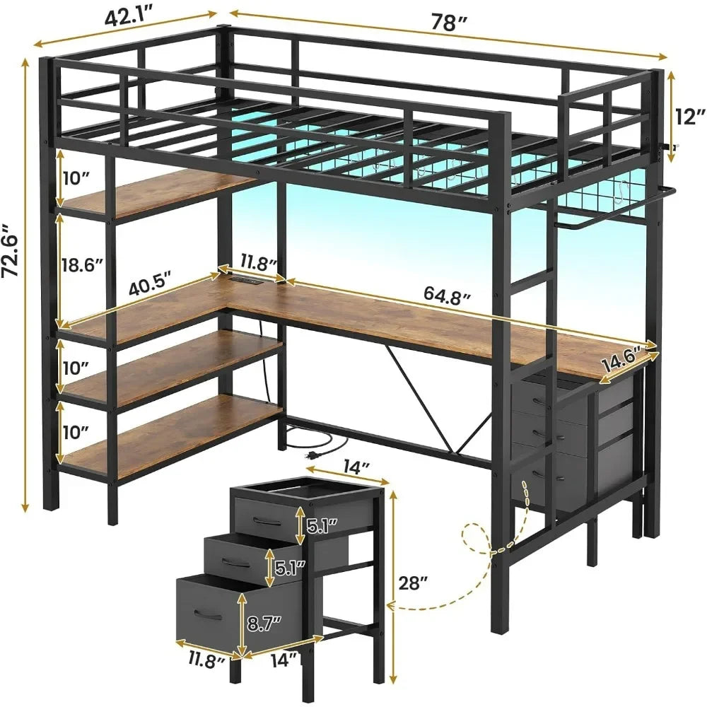 Bunk Beds Loft Bed Twin Size L-Shaped Desk/Charging Station & LED Lights 4-Tier Bookshelf & 3 Drawer