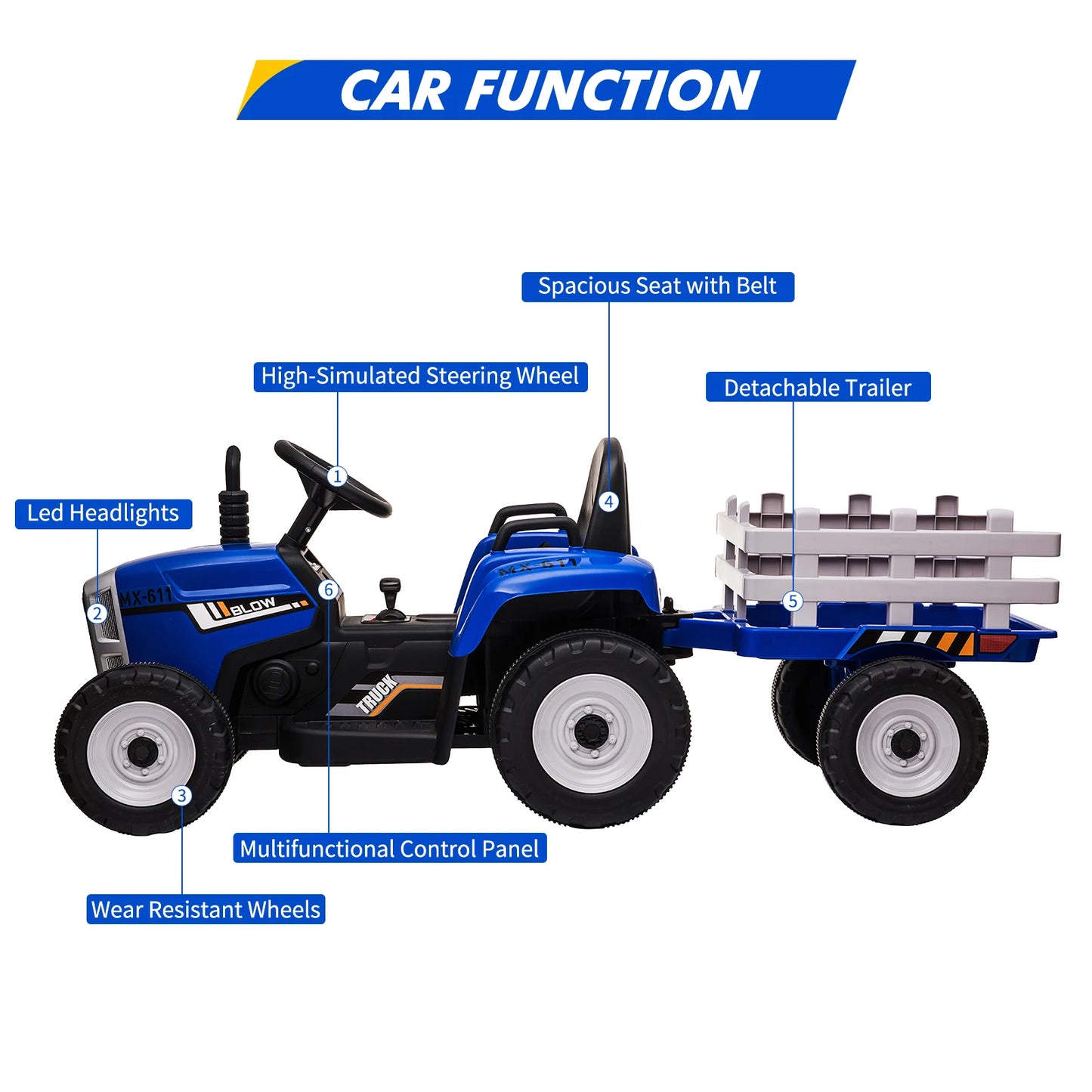 12V Kids Ride On Car Electric Tractor with Trailer for Toddlers Ride On Toy with Remote Control