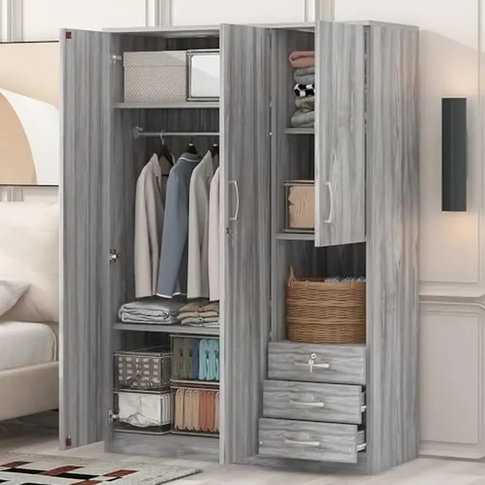 Wooden Wardrobe Organizer with Hanging Rod & Drawers Modern Bedroom Armoire Storage Solution