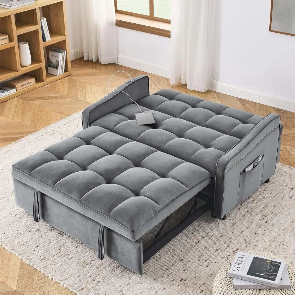 3 in 1 Sleeper Sofa Couch Bed w/USB & Type C Port, 52" Small Modern Loveseat Sofa w/Pull Out Bed