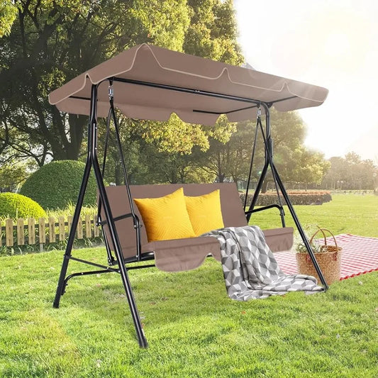 Raysfung 3-Seat Patio Swing Chairs w/Tilt Canopy & Durable Steel Frame Porch Swing Removable Cushion