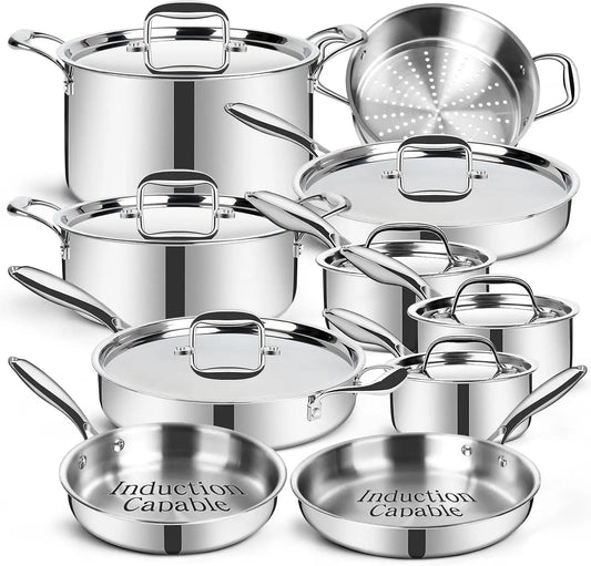 3 Ply 17 Piece Stainless Steel Cookware Set, Oven Dishwasher Safe & Induction Compatible