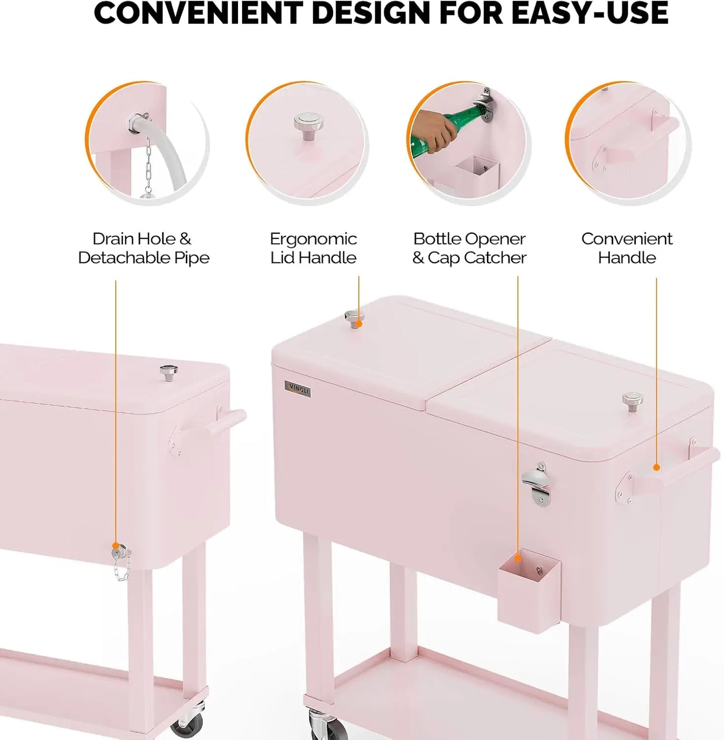 VINGLI 80 Quart Rolling Ice Chest, Portable Patio Party Bar Drink Cooler Cart,w/Shelf, Bottle Opener