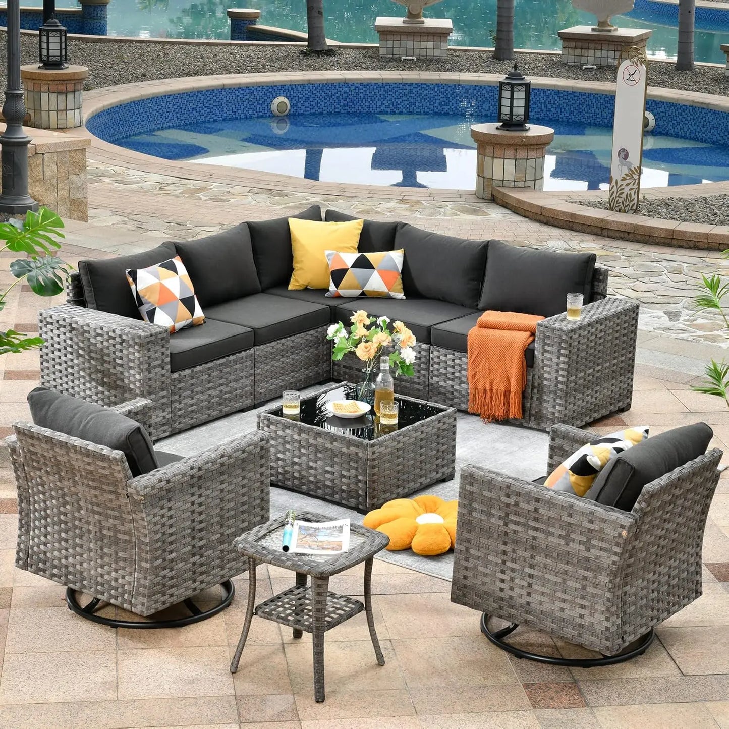 Patio Furniture Set Outdoor Sectional Sofa w/Swivel Rocking Chairs,PE Wicker Conversation Couch