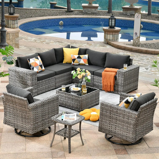 Patio Furniture Set Outdoor Sectional Sofa w/Swivel Rocking Chairs,PE Wicker Conversation Couch